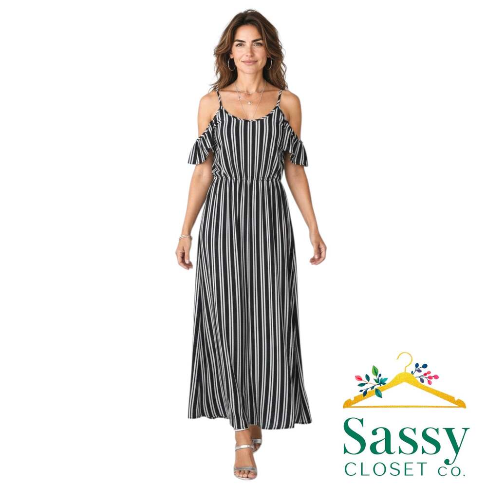 ONE CLOTHING Striped Maxi Dress XS Cold Shoulder Double Slit Resort EUC